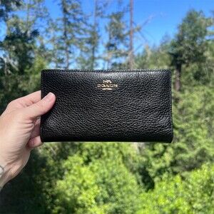 COACH Black Pebble Leather Bifold Snap Wallet with Gold Hardware AUTHENTIC